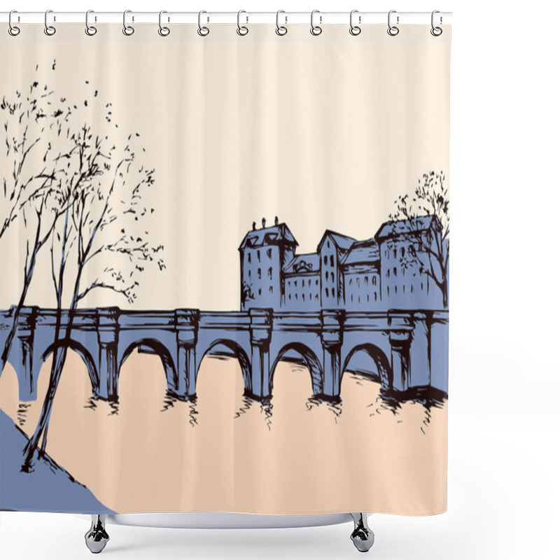 Personality  Cityscape With Bridge Over River. Vector Drawing Shower Curtains