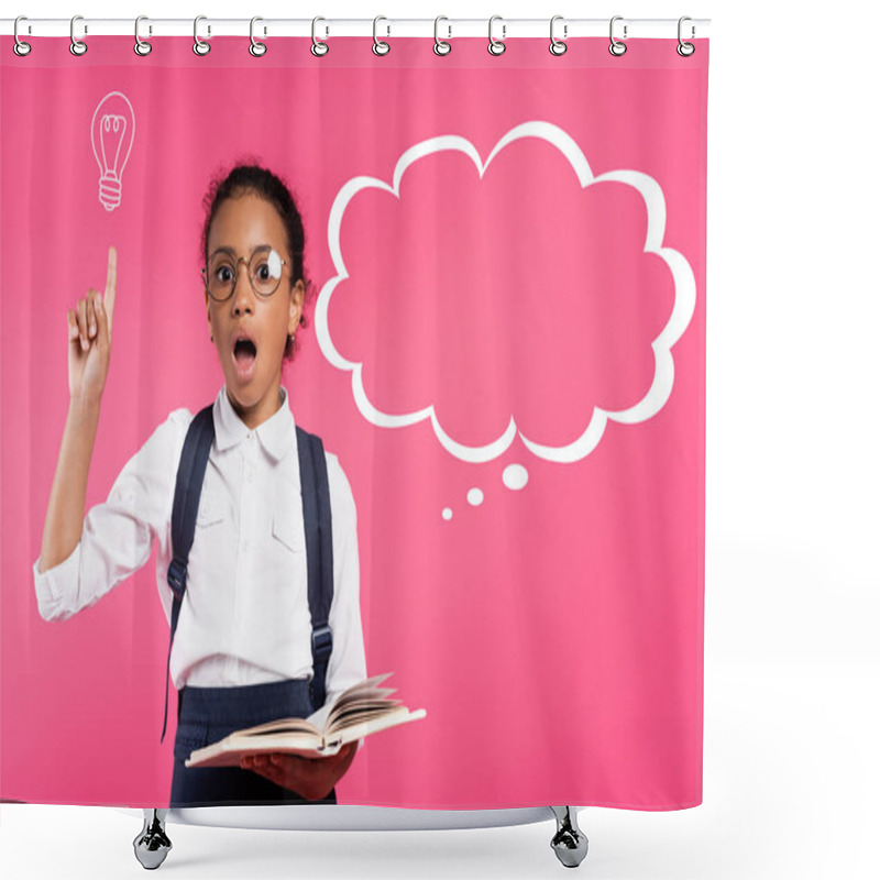 Personality  Shocked African American Schoolgirl In Glasses Holding Book And Showing Idea Gesture Near Thought Bubble On Pink Shower Curtains