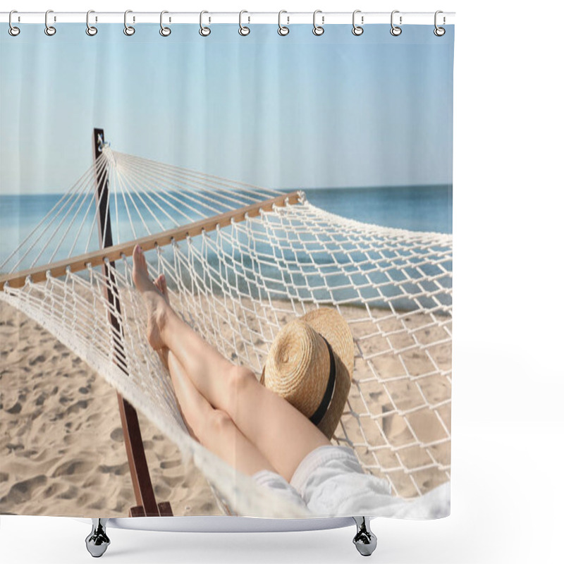 Personality  Young Woman Relaxing In Hammock On Beach Shower Curtains