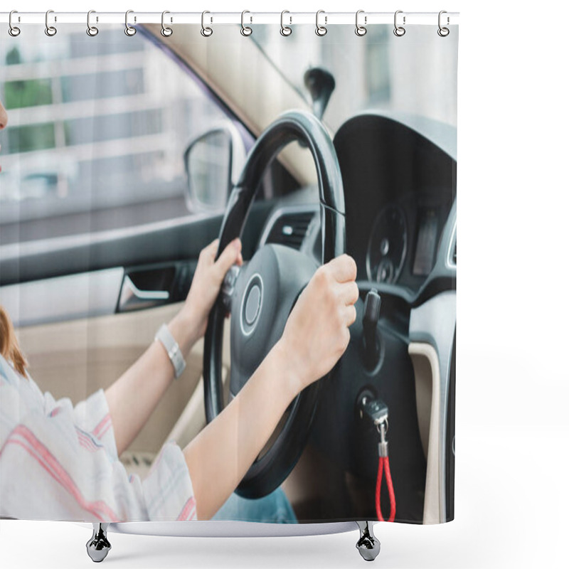 Personality  Partial View Of Woman With Hands On Steering Wheel Driving Car Shower Curtains