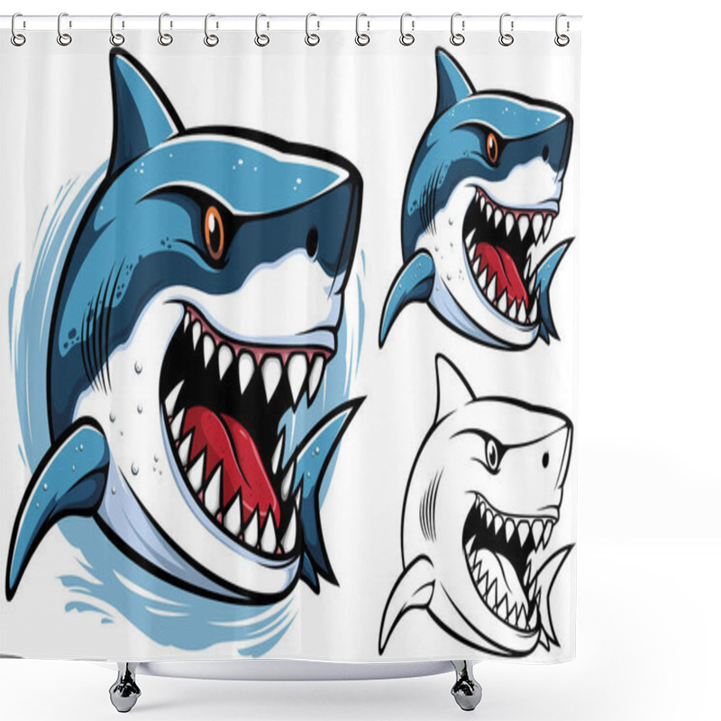 Personality  Vibrant Shark Mascot Illustration Exuding Ferocity, Displaying Sharp-toothed Grin, With Amber Eyes And Water Droplets On Its Sleek, Blue Surface. Shower Curtains