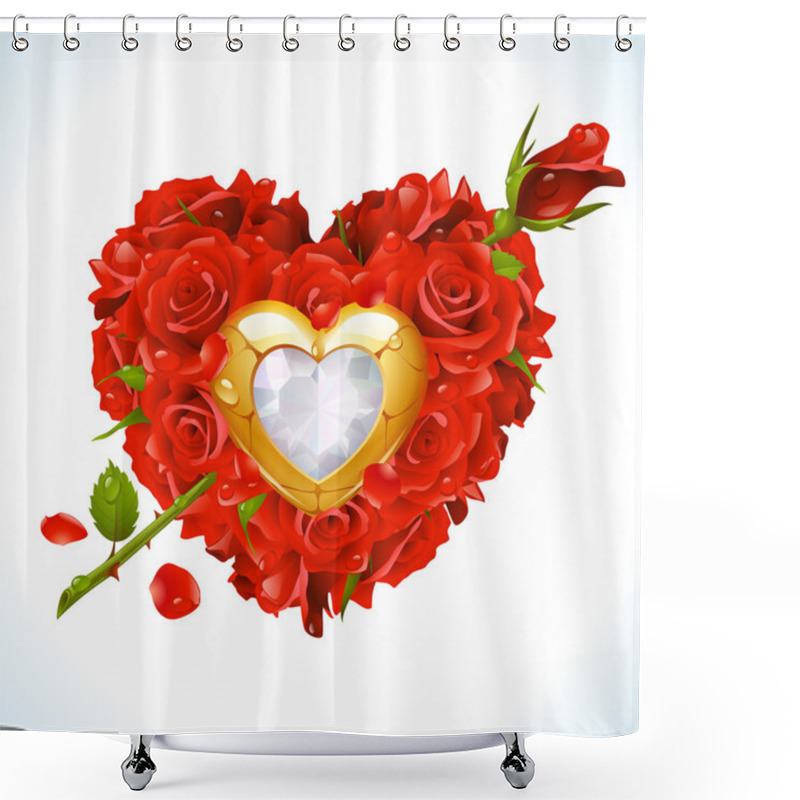 Personality  Red Roses And Golden Jewel In The Shape Of Heart With Arrow Shower Curtains