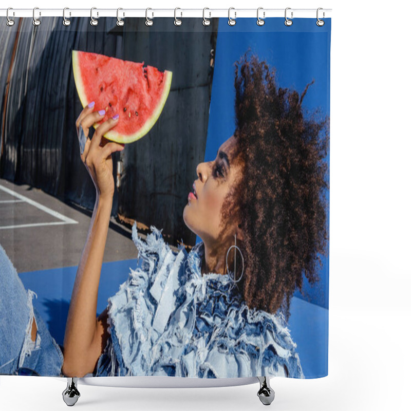 Personality  Afro Girl Posing With Slice Of Watermelon Shower Curtains