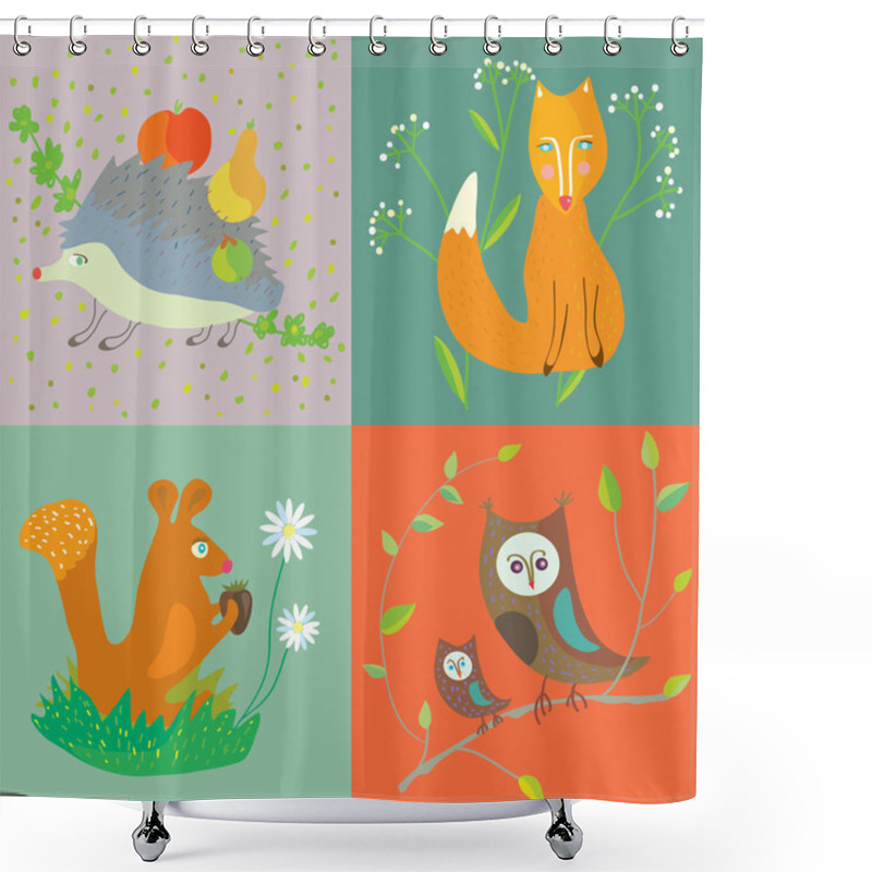 Personality  Forest Animals And Birds Funny Set For Kids Shower Curtains