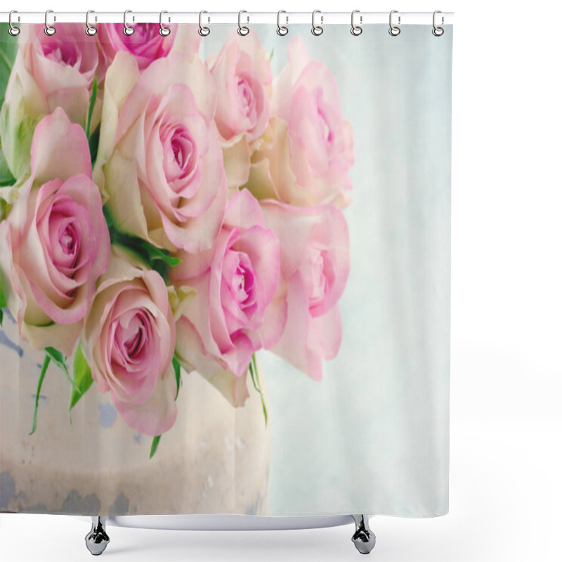 Personality  Pink Roses In A Shabby Chic Metal Bucket Shower Curtains