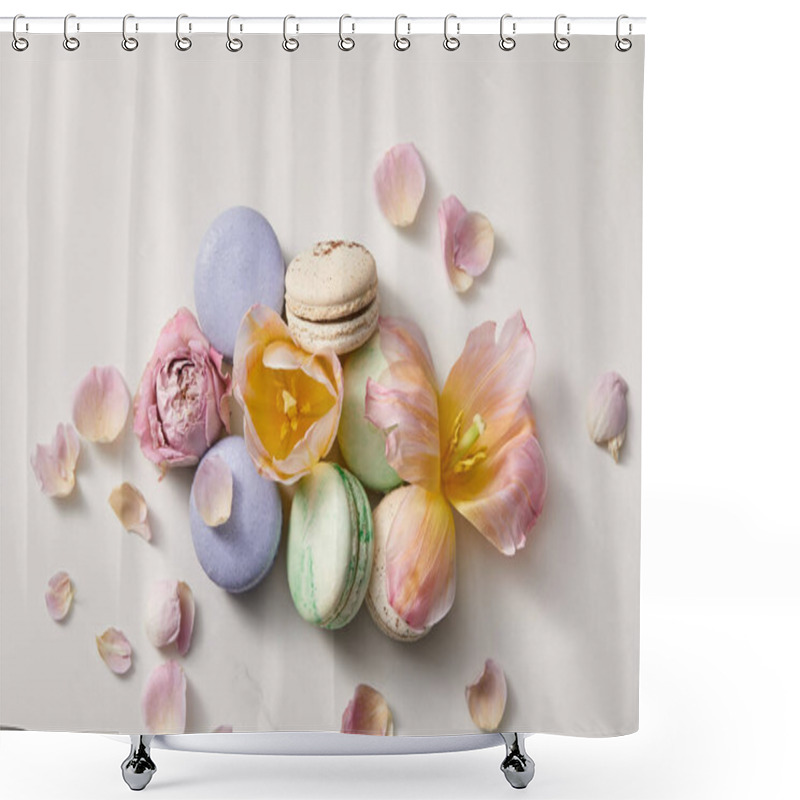 Personality  Top View Of Assorted Delicious French Macaroons With Floral Petals On Grey Background Shower Curtains