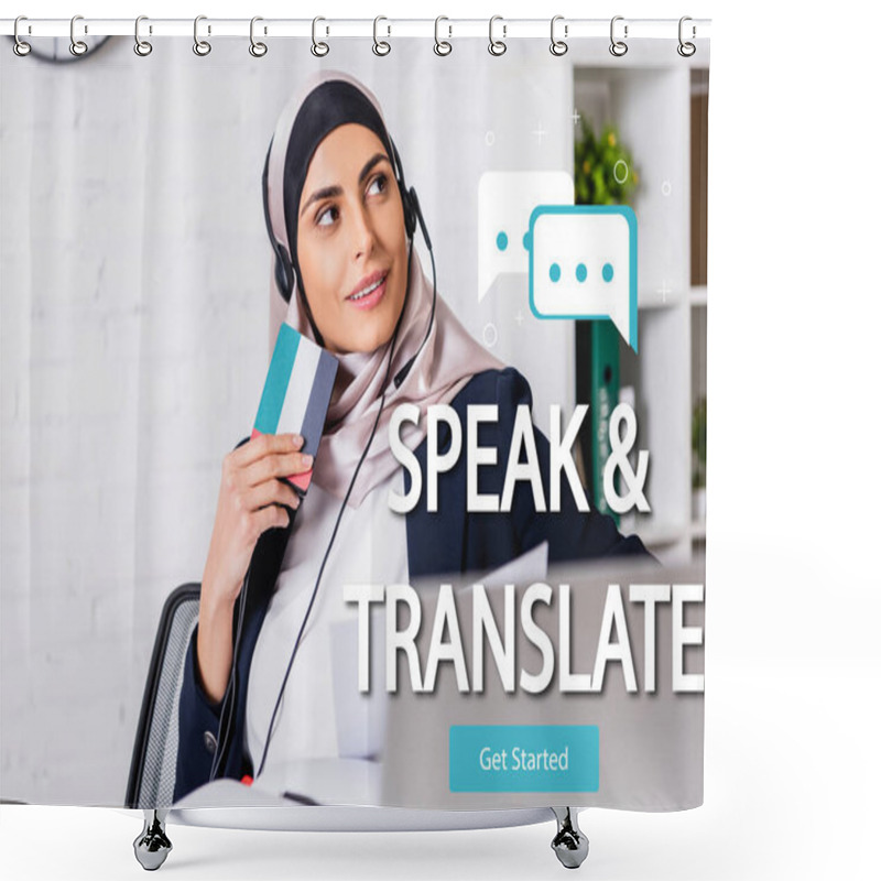 Personality  Happy Arabian Interpreter In Headset Holding Digital Translator, Speak And Translate Lettering Near Speech Bubbles And Get Started Icon Illustration Shower Curtains