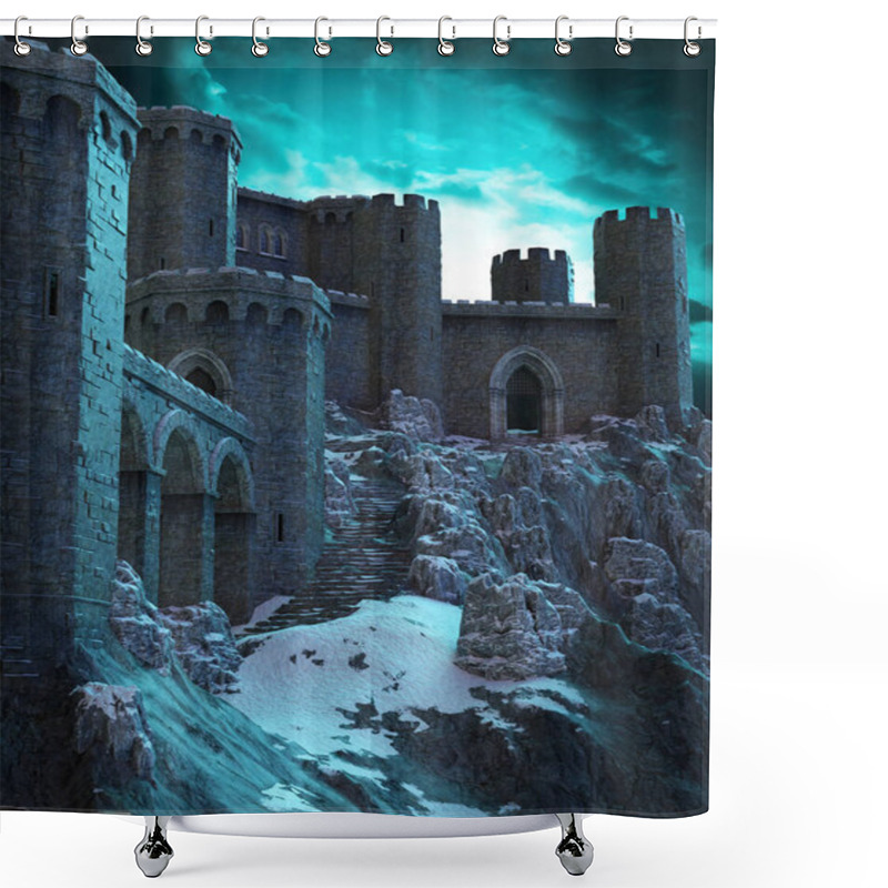 Personality  Stormy Night Sky And Winter Castle Illustration Shower Curtains