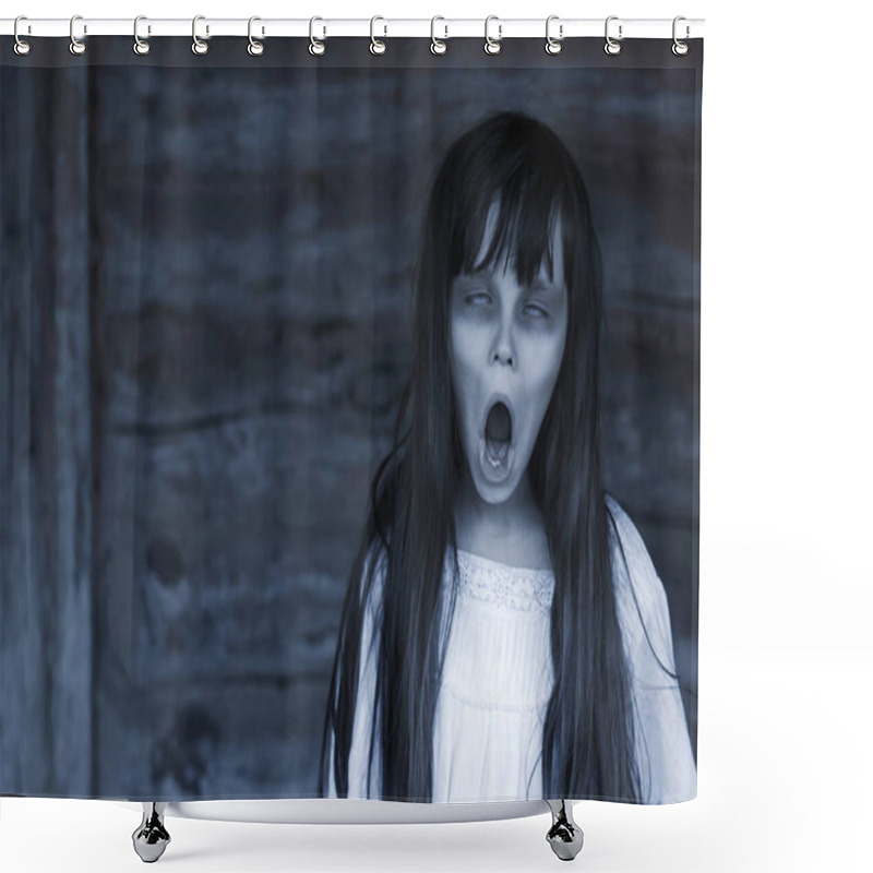 Personality  Scary Ghost Woman  With Long Black Hair On White Dress In Haunted House Shower Curtains