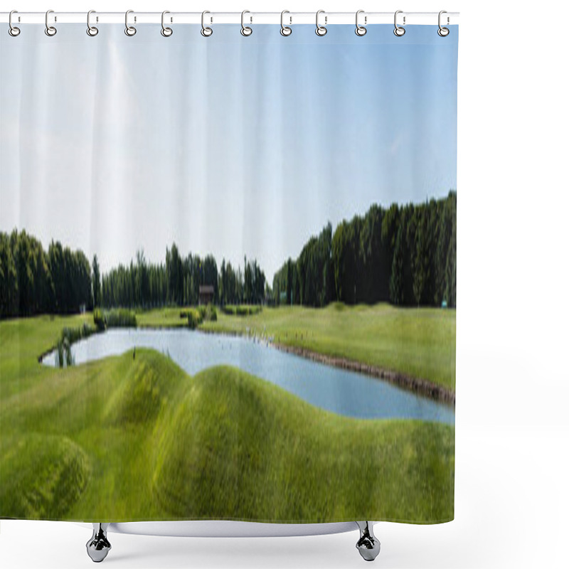 Personality  Panoramic Shot Of Pond In Green Park Against Blue Sky  Shower Curtains