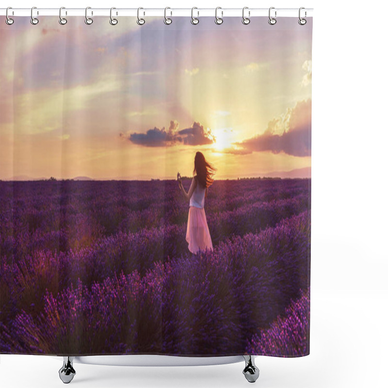 Personality  Romantic Women In Lavender Fields, Having Vacations In Provence, France.Lavender Field At Sunset,Provence,France..A Girl In White Dress Walking Trough Lavender Fields At Sunset. Shower Curtains