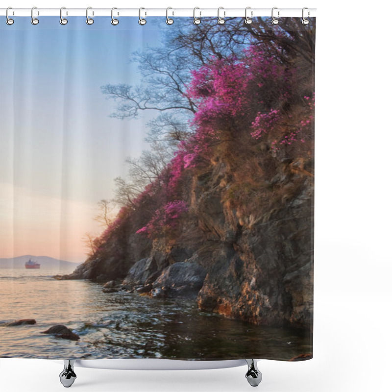 Personality  Rhododendron Blooming On The Rocks In The Early Morning. Shower Curtains