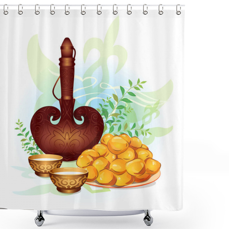 Personality  Postcard With Nauryz Holiday Kazakhstan. Utensils For Koumiss, Baursak Bread, A Bowl, National Cup. Clipart Vector Illustration Shower Curtains