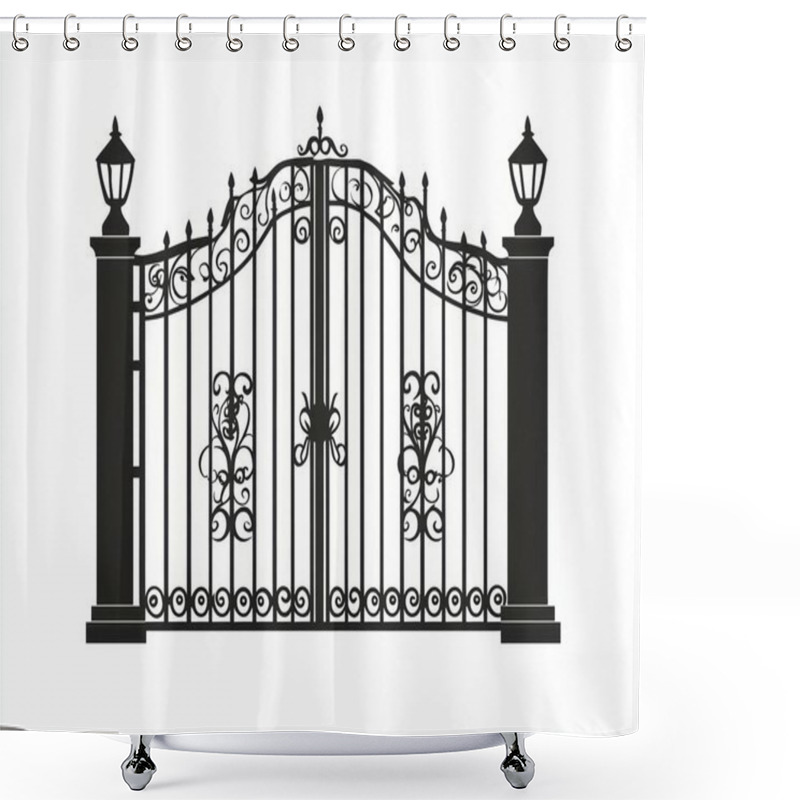 Personality  Elegant Black Wrought-iron Gate With Decorative Designs And Lanterns, Enhancing An Inviting Entrance. Shower Curtains