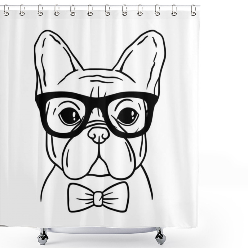 Personality   French Bulldog Black And White Hand Drawn Portrait. French Bulldog Face In Line. Dog Head With Glasses And  Bowtie. Cute Muzzle French Bulldog. Shower Curtains