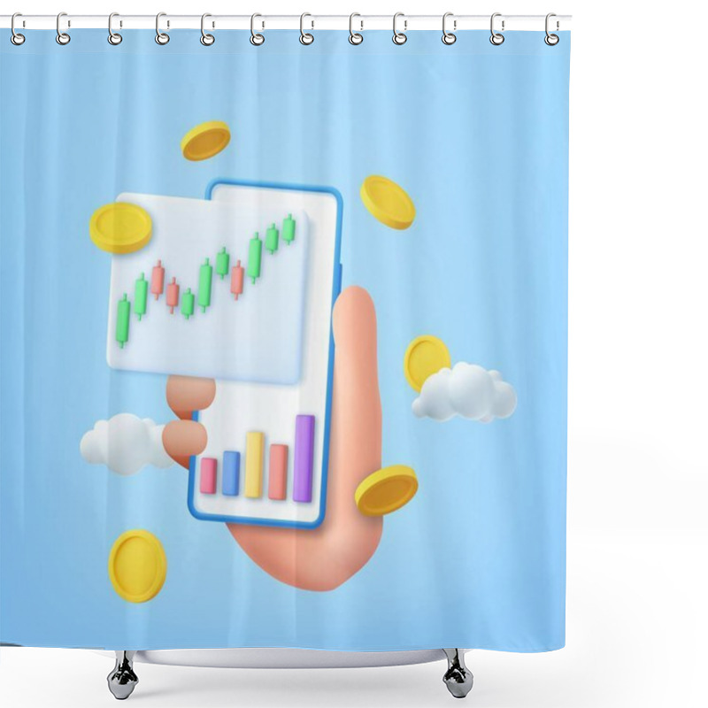 Personality  3D Stock Online Trading With Smartphone And Money Coin. Nvestment Trading In The Stock Market,Investment Graph Using Funding Business On Mobile In Hand. 3d Rendering. Vector Illustration Shower Curtains