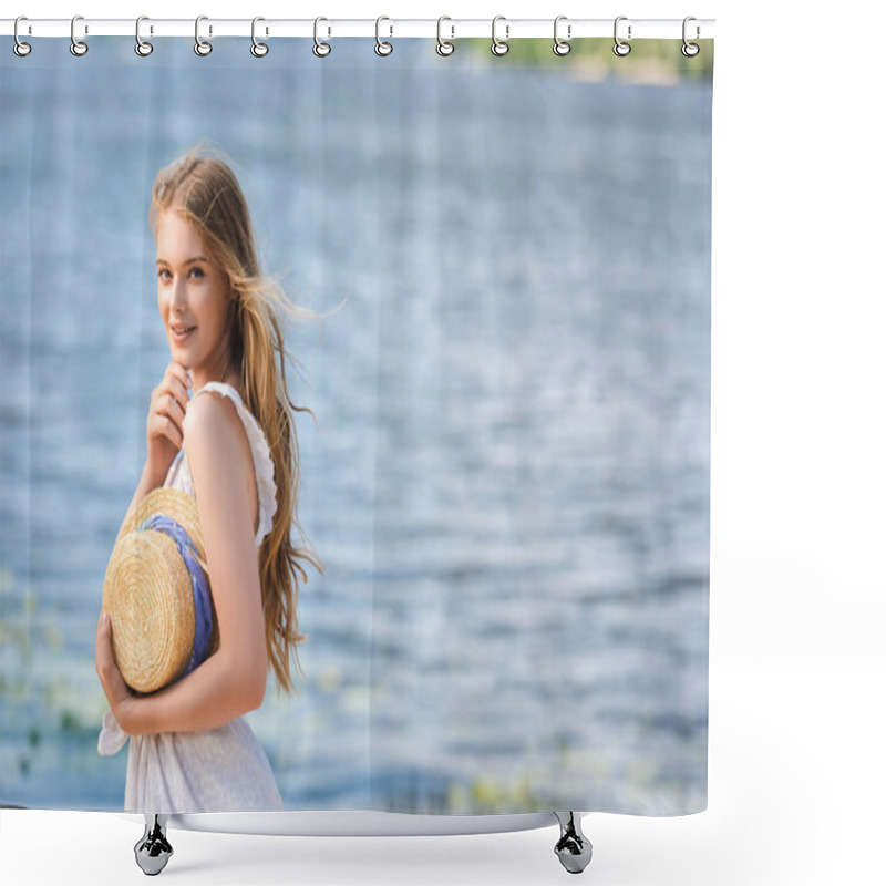 Personality  Beautiful Young Girl Standing On Shore Of River While Holding Straw Hat And Looking At Camera Shower Curtains