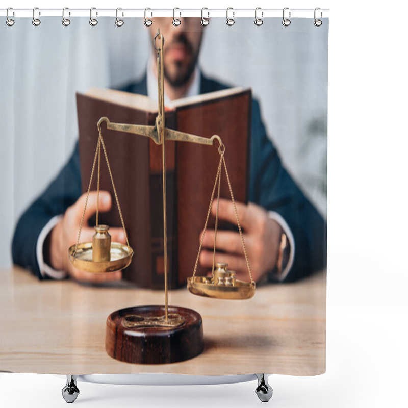 Personality  Cropped View Of Bearded Lawyer Reading Book Near Golden Scales On Table Shower Curtains