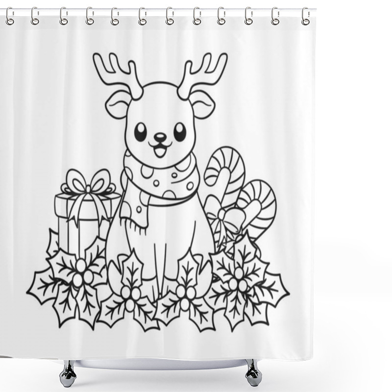 Personality  Reindeer With Mistletoe, Candy Cane And Gift Box Outline Line Art Doodle Cartoon Illustration. Winter Christmas Theme Coloring Book Page Activity For Kids And Adults. Shower Curtains