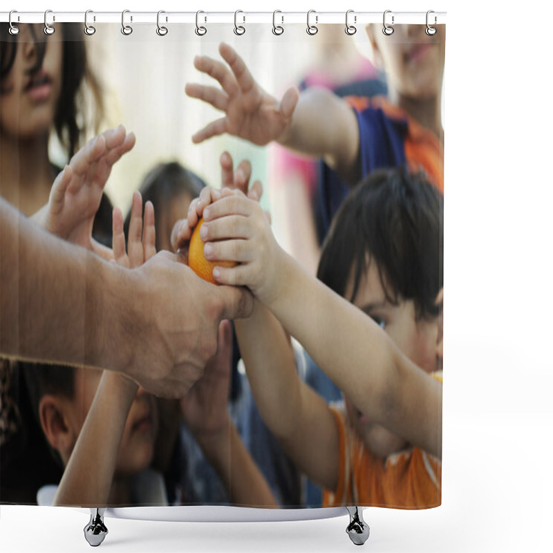 Personality  Hungry Children In Refugee Camp, Distribution Of Humanitarian Food Shower Curtains