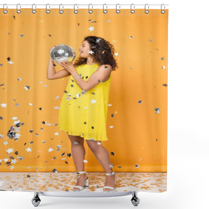 Personality  Attractive Curly African American Girl Holding Disco Ball Near Shiny Confetti Stars On Orange  Shower Curtains