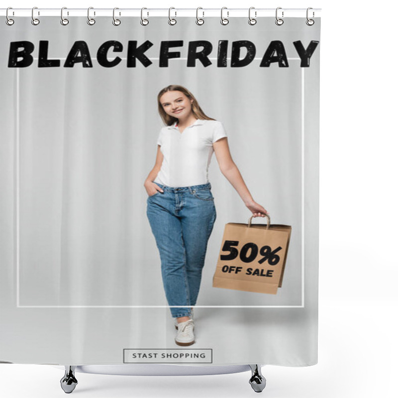 Personality  Joyful Young Woman Holding Shopping Bag While Standing With Hand In Pocket Near Black Friday And 50 Percent Off Sale Lettering On Grey Shower Curtains