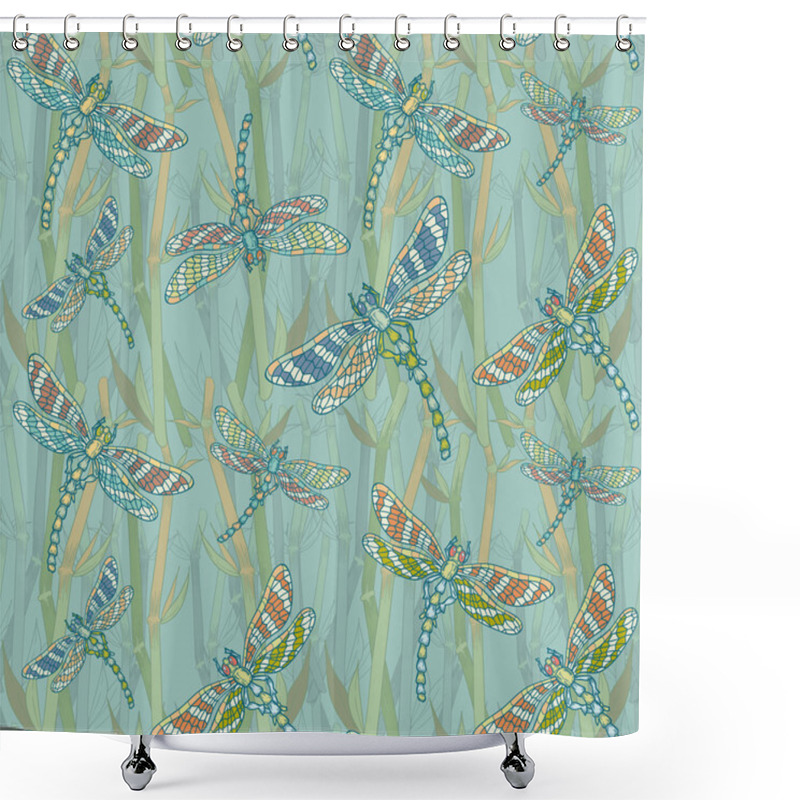 Personality  Fantasy Seamless Pattern With Dragonflies On The Lake Shower Curtains