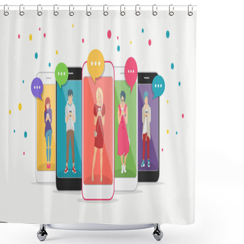 Personality  Smart Phone Addiction Concept Flat Vector Illustration Of Teenagers Inside The Mobile Smartphones With Chat Speech Bubbles Shower Curtains