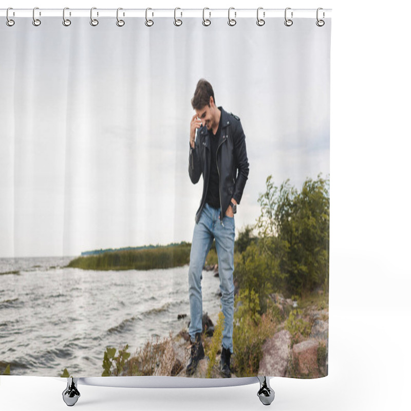 Personality  Young Man In Leather Jacket Standing On Stones Near Sea  Shower Curtains