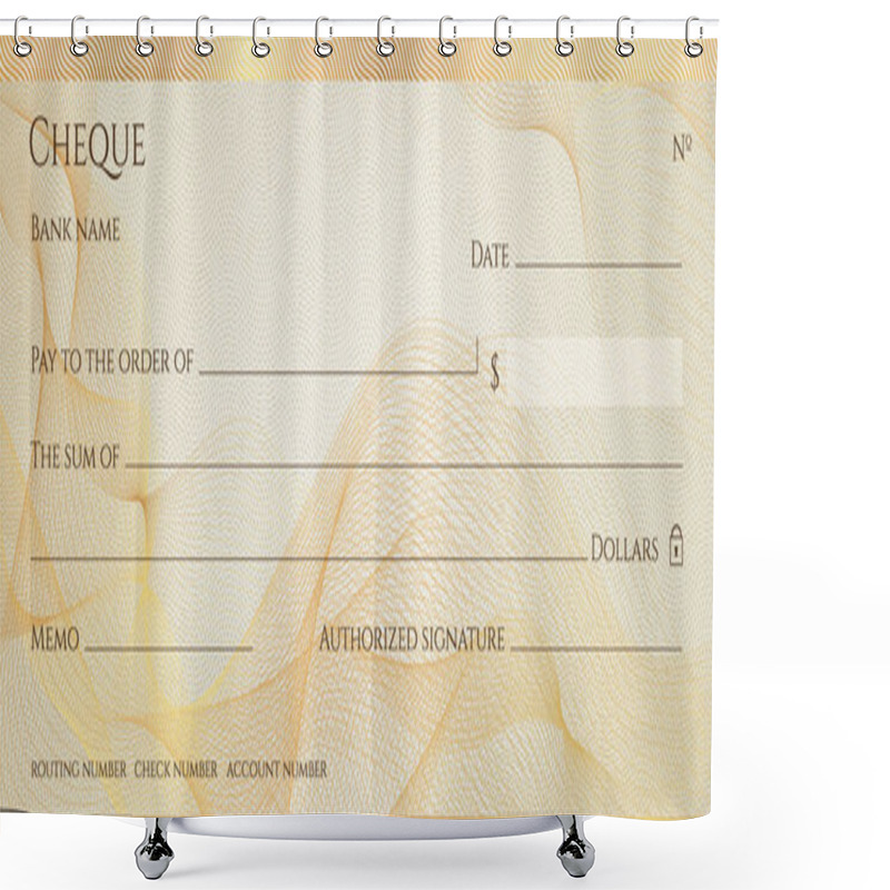 Personality  Check, Cheque (Chequebook Template). Guilloche Pattern With Abstract Line  Watermark, Border. Gold Background For Banknote, Money Design,currency, Bank Note, Voucher, Gift Certificate, Money Coupon Shower Curtains