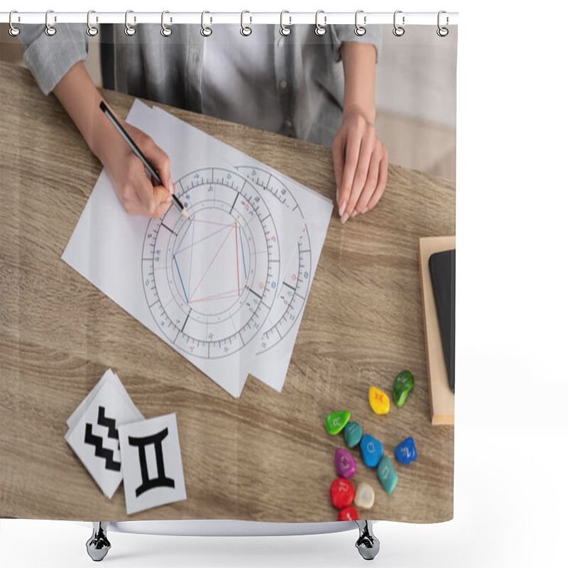 Personality  Cropped View Of Woman Drawing Natal Chart By Stones And Papers With Zodiac Signs On Table Shower Curtains