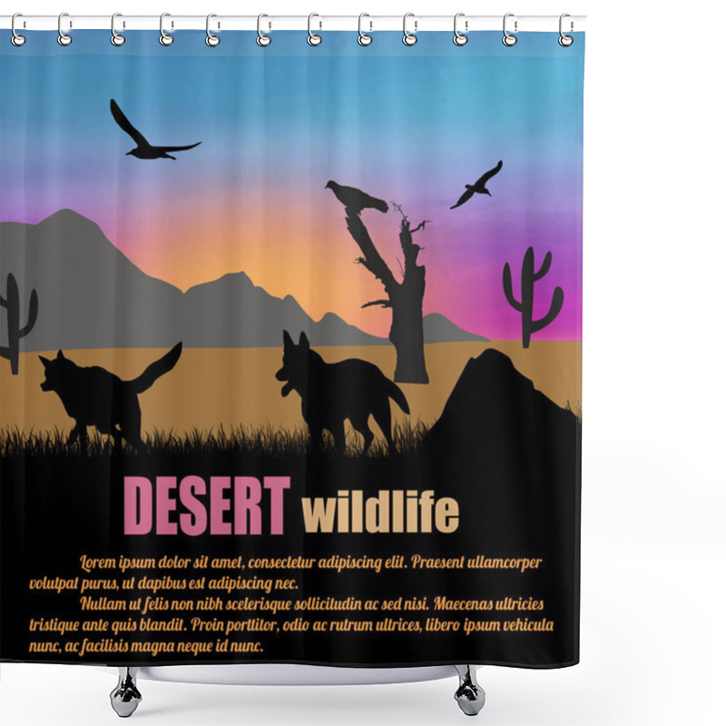 Personality  Desert Wildlife Poster. Wolves Silhouettes On Sunset With Space For Your Text, Vector Illustration Shower Curtains