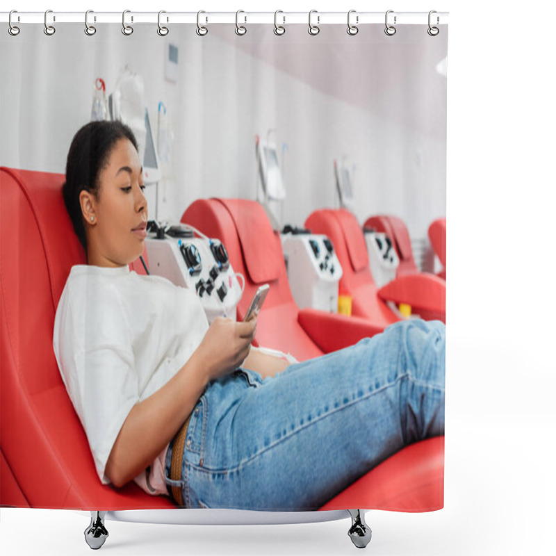 Personality  Young Multiracial Woman Messaging On Mobile Phone While Sitting On Ergonomic Medical Chair Near Transfusion Machine During Blood Donation In Hospital, Medical Procedure Shower Curtains