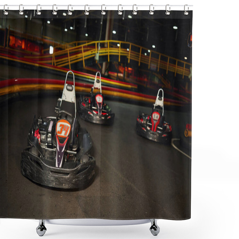 Personality  Modern Racing Cars Inside Of Indoor Kart Circuit, Motor Race Vehicles, Speed Racing Karting Shower Curtains