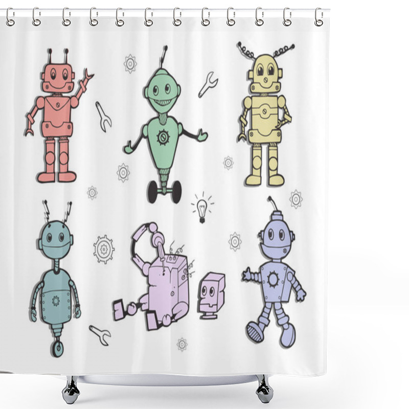 Personality  Vector Illustrations Of A Cute Robots Set. Kids Robotics Inventions Collection. Cute Pastel Colors, Hand Drawn Art Shower Curtains