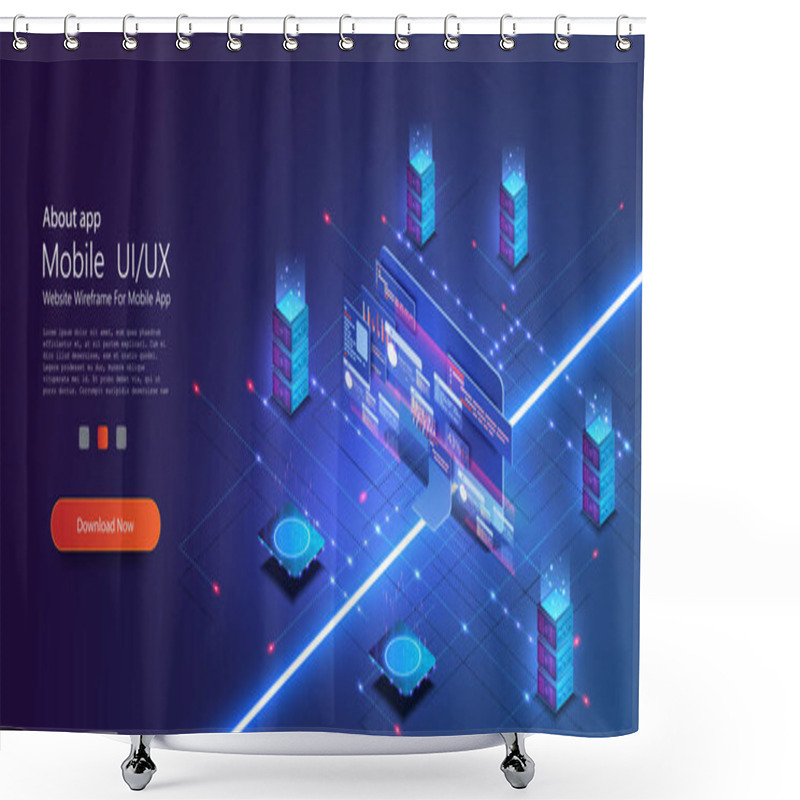 Personality  Cloud Services Isometric Composition. Big Data Analysis Storage Business Intelligence Systems Modern High Tech Isometric Background Connected With Dashed Lines. Station Of Future, Server Room Rack. Shower Curtains