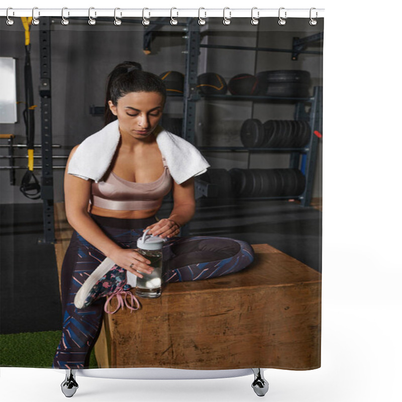 Personality  A Dedicated Woman Is Seated On A Box, Hydrating While Reflecting After An Intense Workout. Shower Curtains