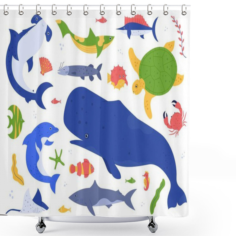 Personality  Sea Animals Species. Ocean Animals In Their Natural Habitat. Cute Whale, Dolphin, Shark And Turtle Vector Illustration Set. Undersea World Pack. Water Plants Seaweed And Algae Collection Shower Curtains