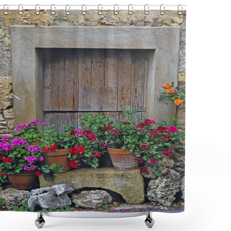 Personality  An Old Wooden Door With Surrounding Stonework And Planted Geraniums In Provence Shower Curtains