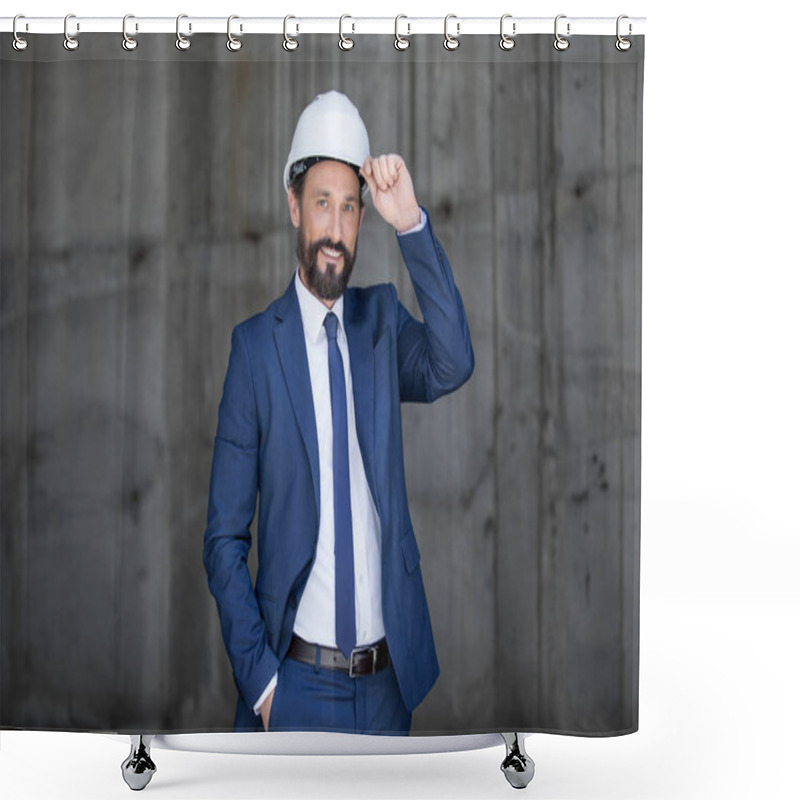 Personality  Middle Aged Businessman In Hard Hat Shower Curtains