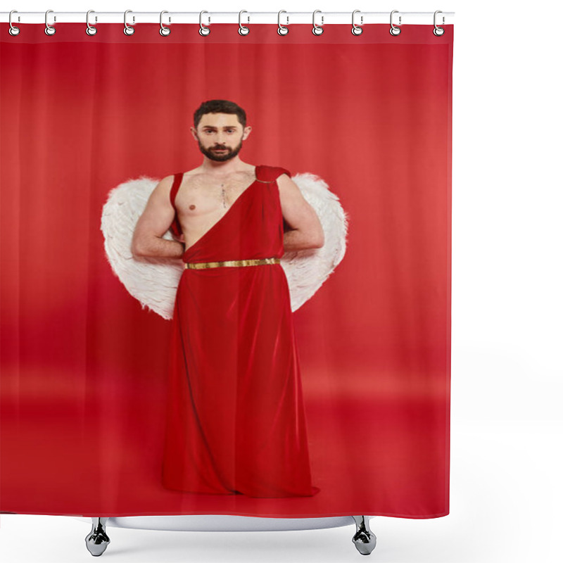 Personality  Full Length Of Bearded Man In Cupid Costume Standing With Hands Behind Back Looking At Camera On Red Shower Curtains