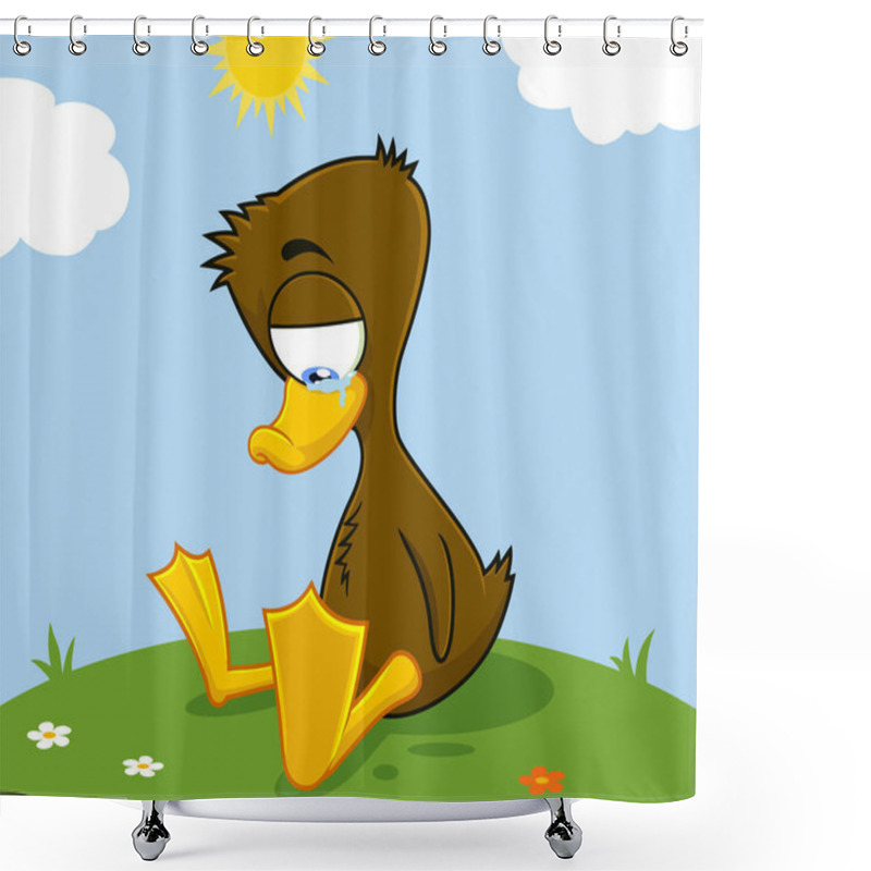 Personality  Ugly Duckling Cartoon Character Crying. Vector Illustration With Landscape Background Shower Curtains