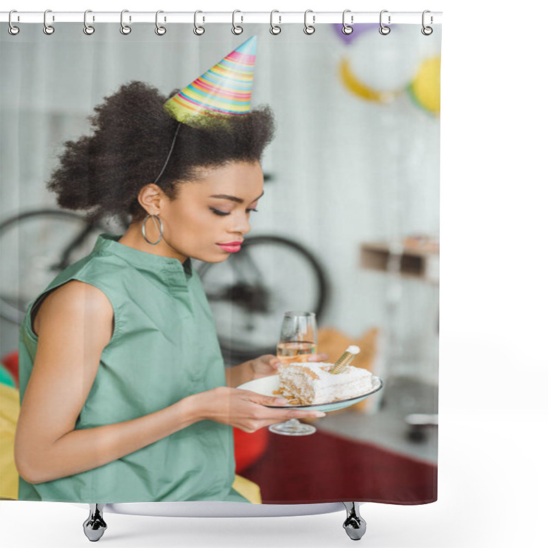 Personality  African American Woman In Party Hat Holding Plate With Cake At Home Party Shower Curtains