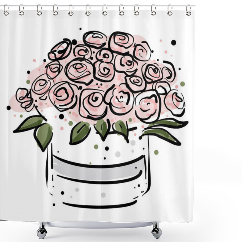 Personality  Pink Roses In A Box Sketch. Flower Box On White Background, Valentine's Day Flowers, Beautiful Bouquet In A Bucket. Doodle Illustration Shower Curtains