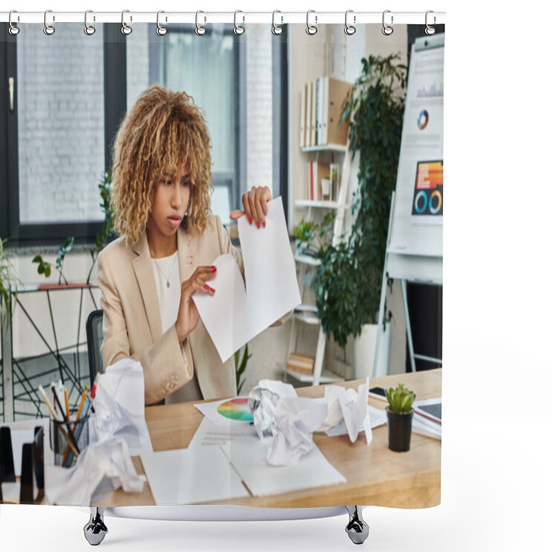 Personality  Upset And Curly African American Businesswoman In Formal Wear Ripping Paper At Her Desk, Stress Shower Curtains