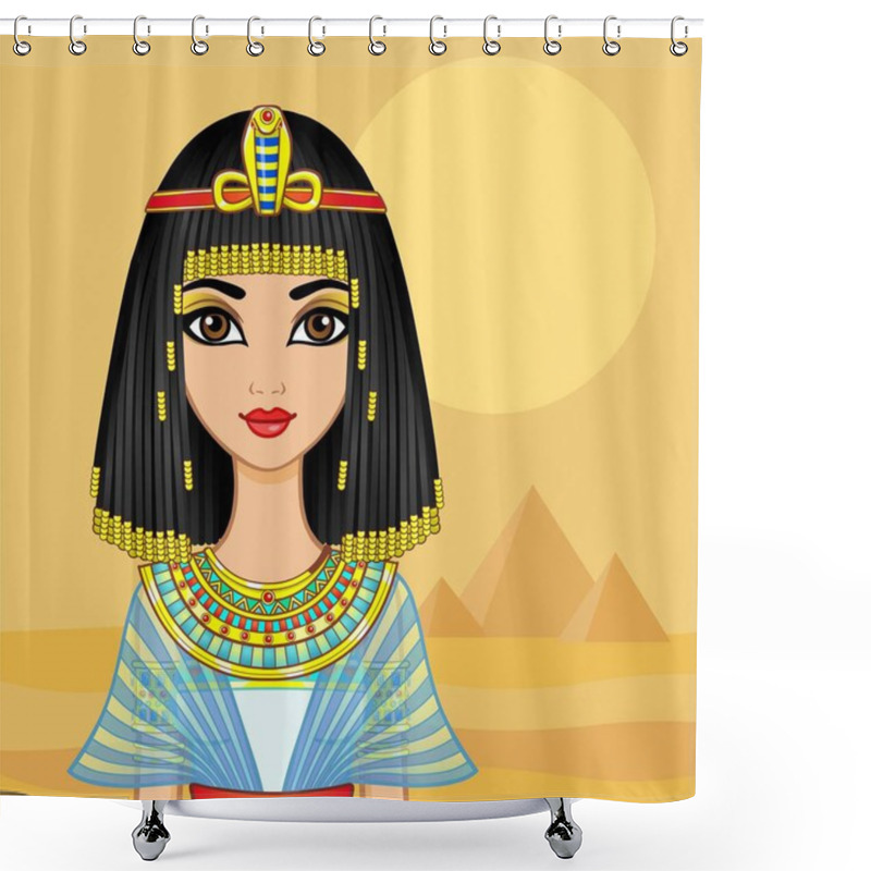 Personality  Animation Egyptian Princess In Ancient Clothes And Wig, Gold Jewelry. Queen, Goddess, Princess.Vector Illustration. Background - Desert Landscape, Pyramids. Shower Curtains