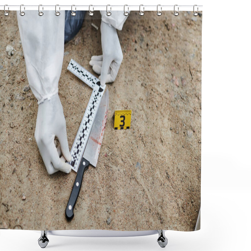 Personality  Top View Closeup Of Unrecognizable Person Putting Measuring Tape Next To Evidence While Marking Crime Scene, Copy Space Shower Curtains