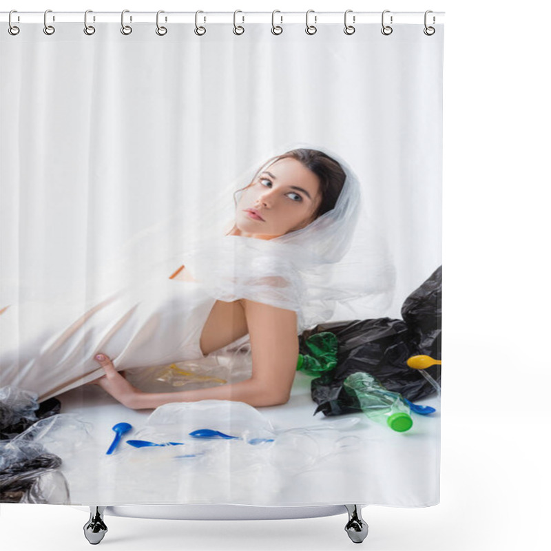 Personality  Woman In Silk Dress With Plastic Bag On Head Sitting Near Empty Bottles And Looking Away On White, Ecology Concept   Shower Curtains