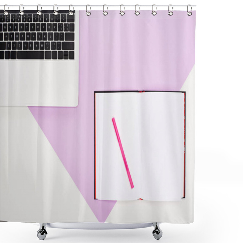 Personality  Flat Lay With Laptop And Open Blank Notebook On Violet And White Background Shower Curtains