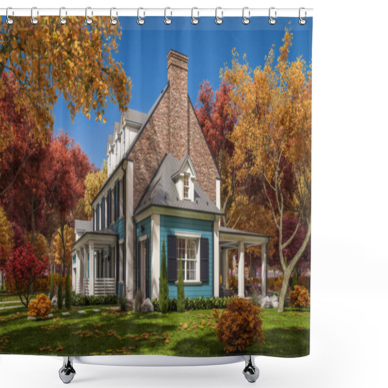 Personality  3d Rendering Of Modern Cozy Classic House In Colonial Style With Garage And Pool For Sale Or Rent With Beautiful Landscaping On Background. Clear Sunny Autumn Day With Golden Leaves Anywhere. Shower Curtains